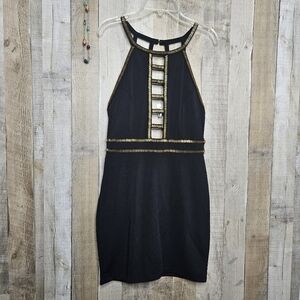 Angl Sleeveless Bodycon Black Gold Embellished Halter Cutout Mini Dress Small